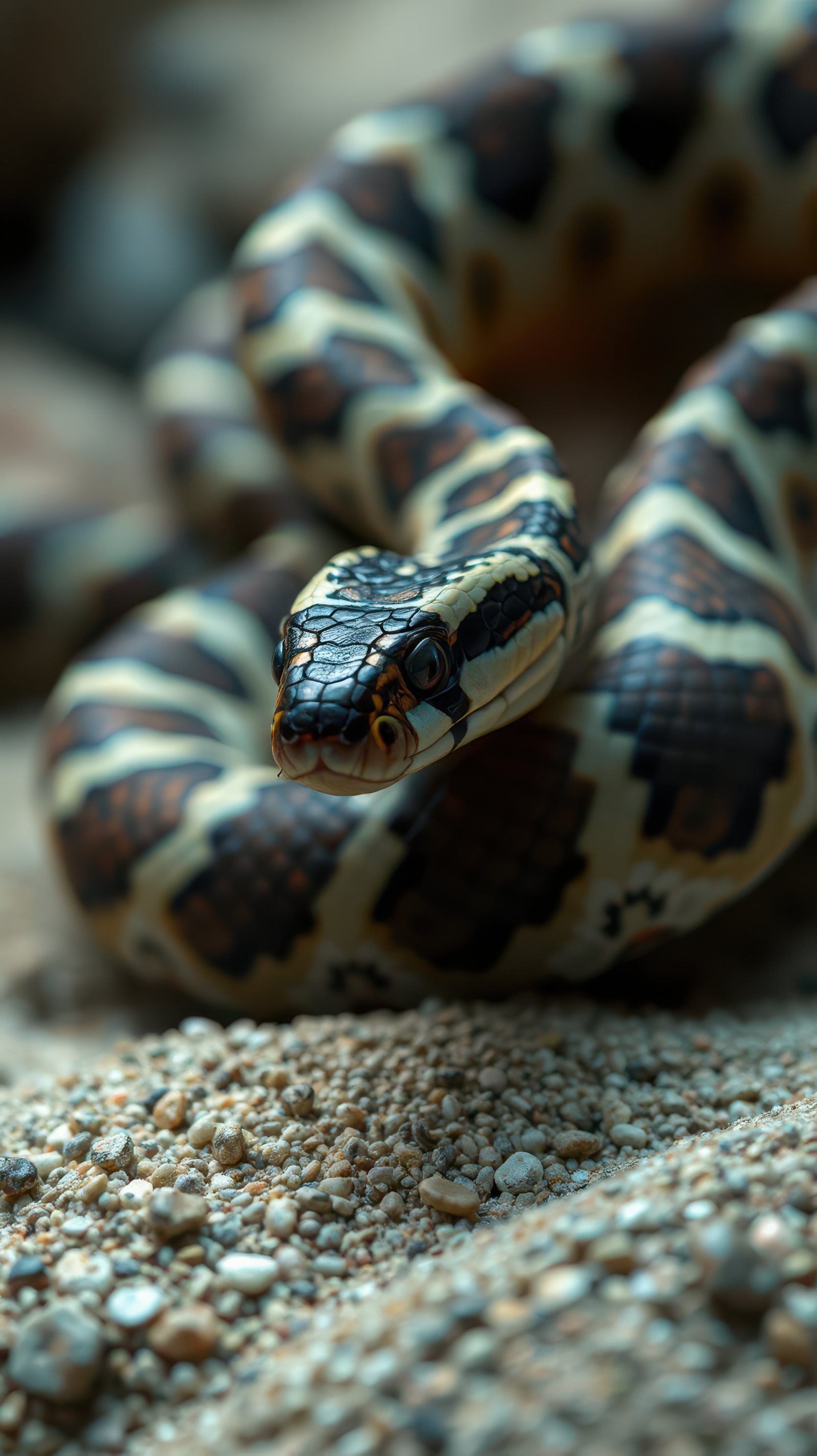 Snake coiled on sandy surface with textured patterns during daylight